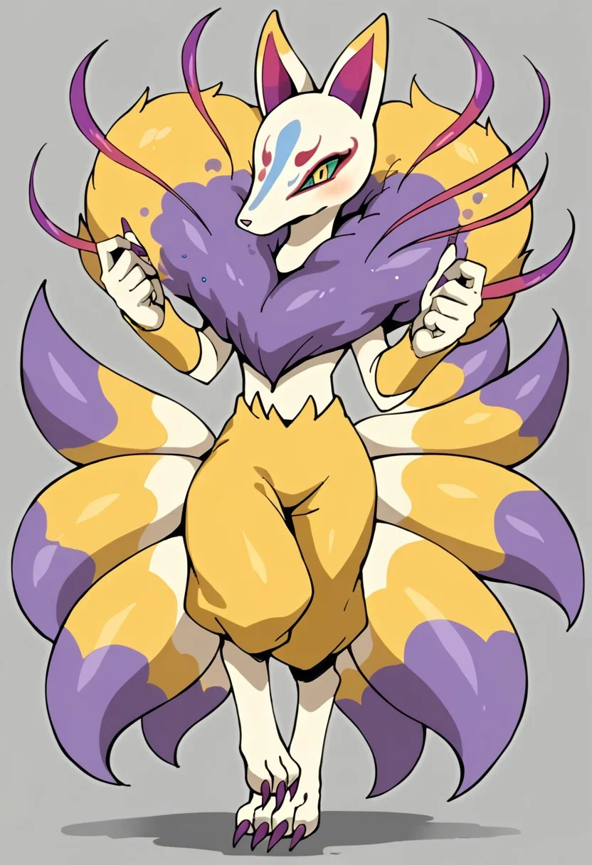 BREAK score_9_up score_8_up score_7_up, source_anime, (frontal), anime style, glitter, high quality, Kyubi_Yo-kai, golden fur, white legs and torso, purple fur on the chest, nine tails, multiple tails, purple tail tips, long purple nails, full body,
