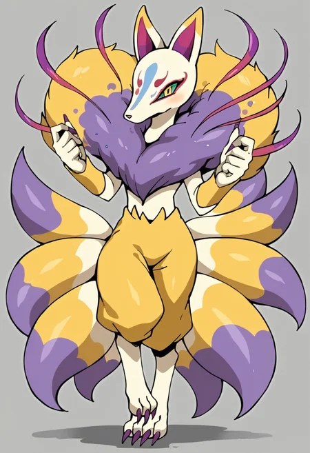 BREAK score_9_up score_8_up score_7_up, source_anime, (frontal), anime style, glitter, high quality, Kyubi_Yo-kai, golden fur, white legs and torso, purple fur on the chest, nine tails, multiple tails, purple tail tips, long purple nails, full body,