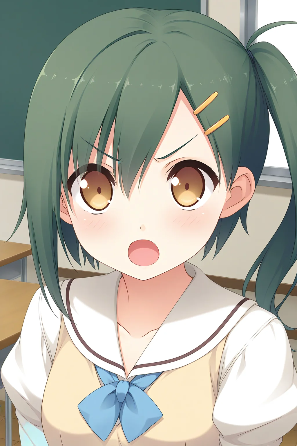 masterpiece, best quality, absurdres, official art, official style, rating general BREAK <lora:enomotokaho_IL_v1-1:0.7>, enomoto kaho, 1girl, solo, yellow eyes, brown eyes, green hair, short hair, hairclip, hair between eyes, side ponytail, small breasts, school uniform, serafuku, white sailor collar, blue bowtie, collarbone, white shirt, yellow sweater vest, juliet sleeves, buttons, upper body, portrait, close-up, classroom,
blush, :o, angry, d:, looking at viewer, open mouth, v-shaped eyebrows