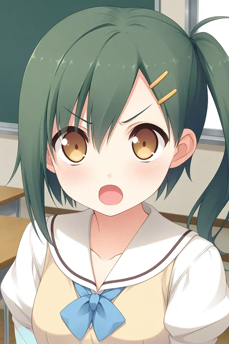 masterpiece, best quality, absurdres, official art, official style, rating general BREAK <lora:enomotokaho_IL_v1-1:0.7>, enomoto kaho, 1girl, solo, yellow eyes, brown eyes, green hair, short hair, hairclip, hair between eyes, side ponytail, small breasts, school uniform, serafuku, white sailor collar, blue bowtie, collarbone, white shirt, yellow sweater vest, juliet sleeves, buttons, upper body, portrait, close-up, classroom,
blush, :o, angry, d:, looking at viewer, open mouth, v-shaped eyebrows
