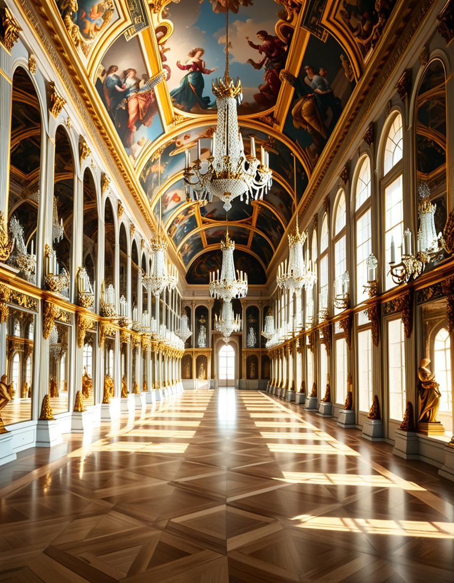 A breathtaking, photorealistic depiction of the Hall of Mirrors (Galerie des Glaces) at the Palace of Versailles in France, captured in golden afternoon light. The hall is grand and opulent, with a high arched ceiling painted with intricate Baroque frescoes. The walls are lined with tall arched mirrors on one side and large arched windows on the opposite side, flooding the space with natural light. Elegant crystal chandeliers hang from the ceiling, reflecting in the mirrors and sparkling with golden highlights. The marble floors are polished and gleaming, with rich, warm tones. Gilded statues and decorative elements frame the mirrors and doorways. The image style is ultra-detailed and photorealistic, with sharp textures and soft, warm lighting creating a majestic, timeless atmosphere. No people present, only the serene magnificence of the empty hall. Camera angle at eye level, centered down the hall, capturing the full length and symmetry of the space.
<lora:SDXLFaeTastic2400:0.4> <lora:extremely_detailed:0.4> extremely detailed,<lora:Hall_of_M1rr0rs:1>,Hall of M1rr0rs, Masterpiece,best quality,hi res,8k,hi res,8k,award winning,(sharp focus, intricate, highly detailed),