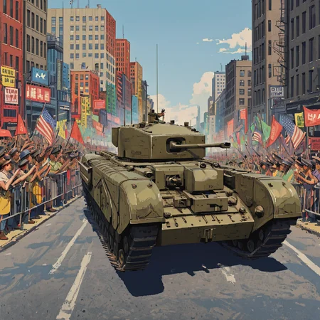 a tank is driving down a city road, parade, crowds, banners, flags, tickertape parade, chrchltnk ((pulp_comic, heavy_lines, hand_drawn, hand_inked, hand_colored, apxlz))