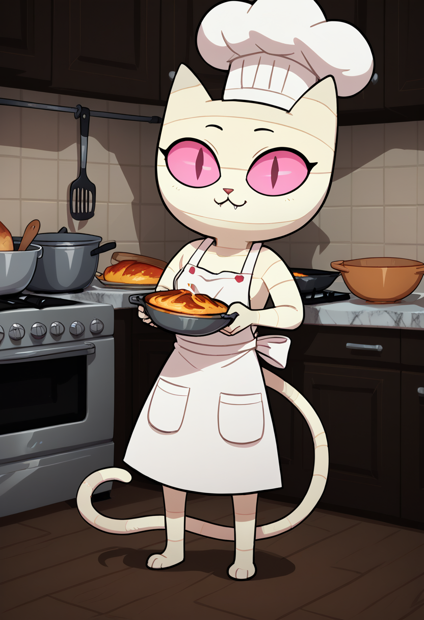 score_9, score_8_up, score_8,    <lora:Me-Mow_Adventure_Time_for_PonyXL:0.8> 1girl, cat girl, mem0w, wrappings, tail, pink eyes, kitchen, apron, chef hat, cooking