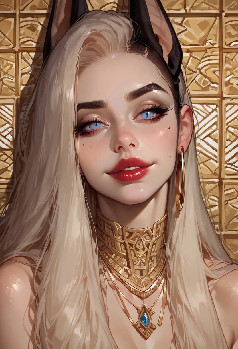 score_9, score_8_up, score_7_up, extremely detailed, sharp focus, HD, 1girl, (solo), ((white skin)), Mature Woman, fit body, big pleading eyes, pursed lips, parted lips, puckered lips, ((Long Hair, straight Hair, Side Cut, Hair falling down straight)), ((gold Hair)), Blue eyes, ((inside, Pyramids, Stone wall, Detailed Background)), sun shining through window, Standing, gold eye shadow, red lipstick, Slutty, sexy, smug, Very seductive, goddess, ((Big jackal ears, black jackal ears)), Sharp teeth, slit pupils, (gold necklace, gold collar), Big golden hoop earrings, smug, sweating, close up, face close up,