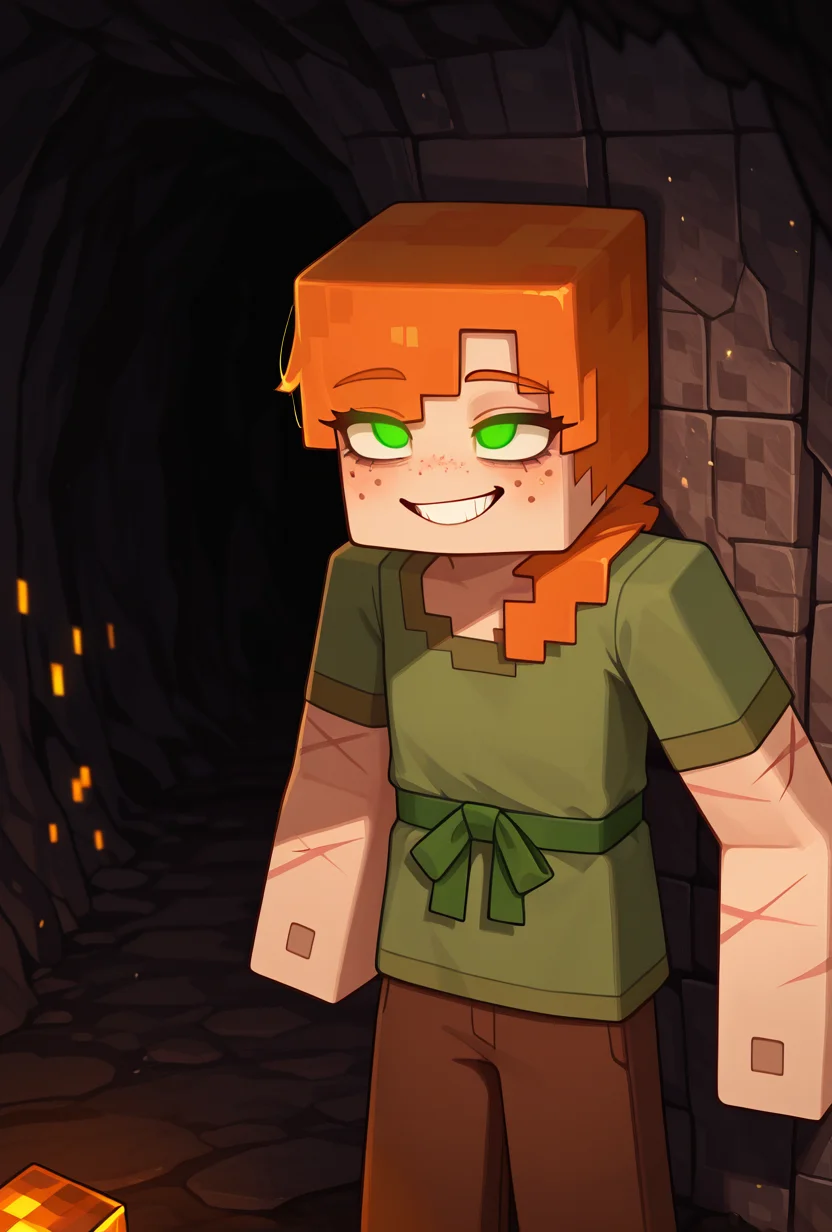 <lora:alexmc-05:1> alexmc, orange hair, 1girl, solo, green eyes, long green shirt, brown pants, short sleeves, freckles, square arms, square body, green waist ribbon, minecraft world, inside a cave, glowing eyes, no pupils, crystal coming out of walls, cubes, evil grin, dark scene, no light, scars, injury, masterpiece, best quality, amazing quality, very aesthetic, absurdres, newest,
