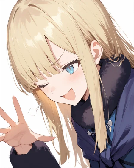 1girl,
ReinesElMelloiArchisorteFateGrandOrder,
safe, solo, dutch angle, upper body,
long hair, blonde hair,
v-shaped eyebrows, blue eyes, one eye closed, smile, open mouth,
sigh,
fur collar, blue capelet,
hand up, open hand,
blue jacket, breast,
long sleeves, fur-trimmed sleeves,
blue dress,
simple background, white background,
depth of field,
<lora:kp_ReinesElMelloiArchisorteFateGrandAnimagineXL_v1_0:1.0>,
masterpiece, high score, great score, absurdres