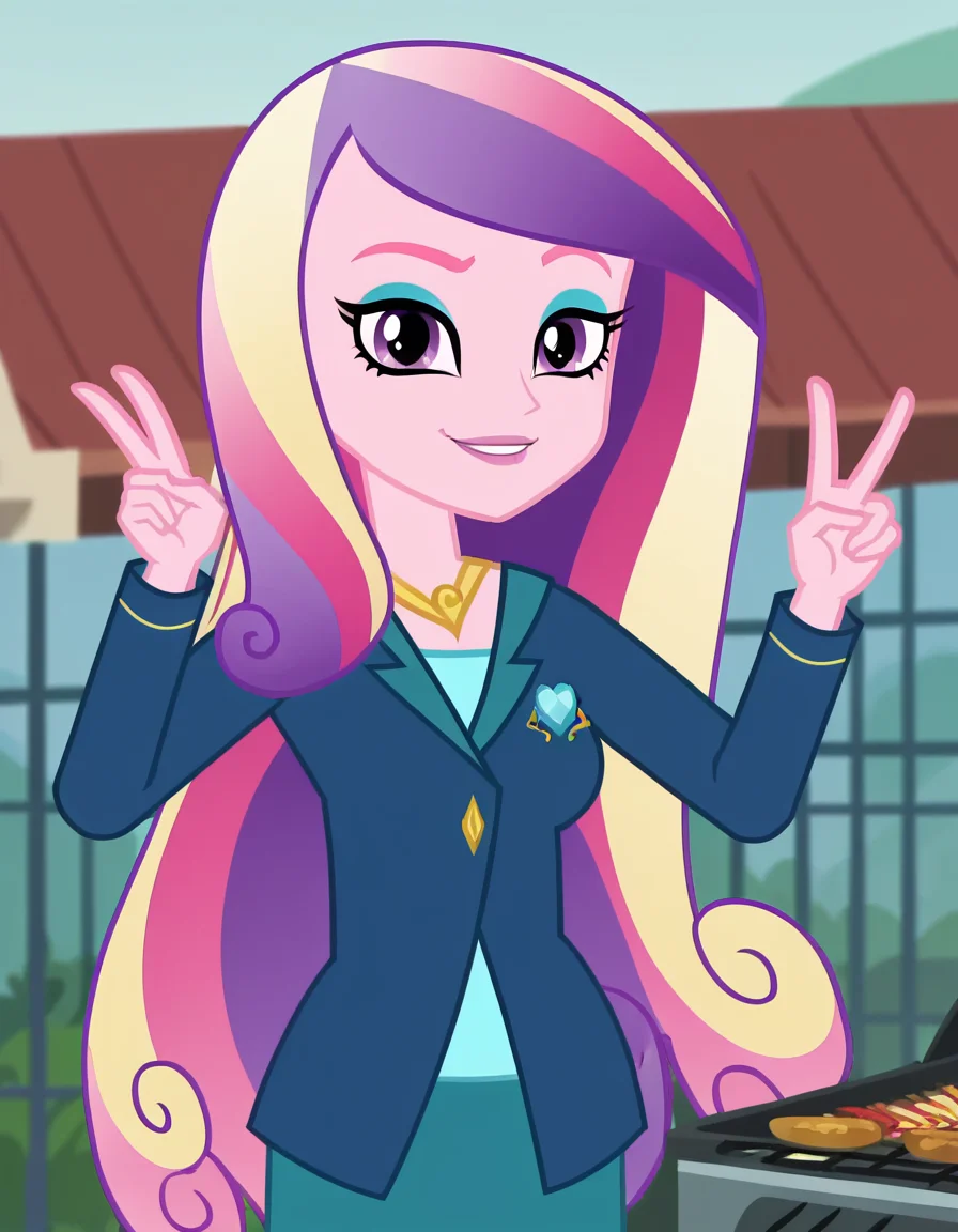 score_9, score_8_up, score_7_up, source_anime, <lora:dean-cadance-movie-ponyxl-lora-nochekaiser:1>, cadance, long hair, very long hair, purple eyes, pink hair, purple hair, multicolored hair, two-tone hair, eyelashes, makeup, eyeshadow, skirt, formal, suit,, backyard, barbecue, grilling, laughter, summer evening, , v, v over mouth, smug,, looking at viewer, solo,, dutch angle, cowboy shot