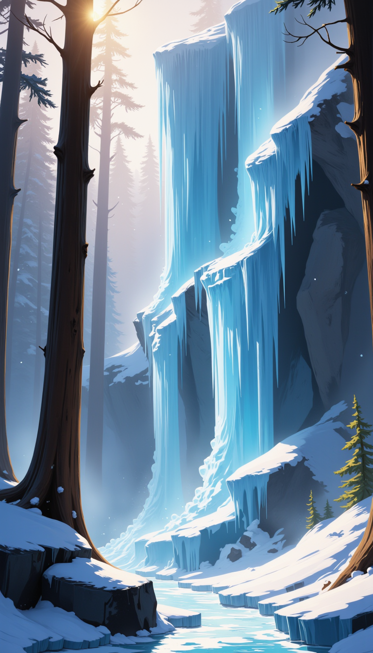 Photorealistic painting of a towering frozen waterfall, Sunlight filtering through the ice and trees, Droplets frozen mid-air, Crystal clear ice, Blue and white hues, Forest of tall trees, Winter atmosphere, Snow-covered ground, Crisp air, Calm, Misty, Forest floor details, Large boulders, Frozen leaves, Dappled light, Shadows, Magical, Dramatic lighting, High contrast, High resolution, 4k, Fine art print, Vibrant colors, Glossy finish, High dynamic range, Textured, Detailed, Masterpiece