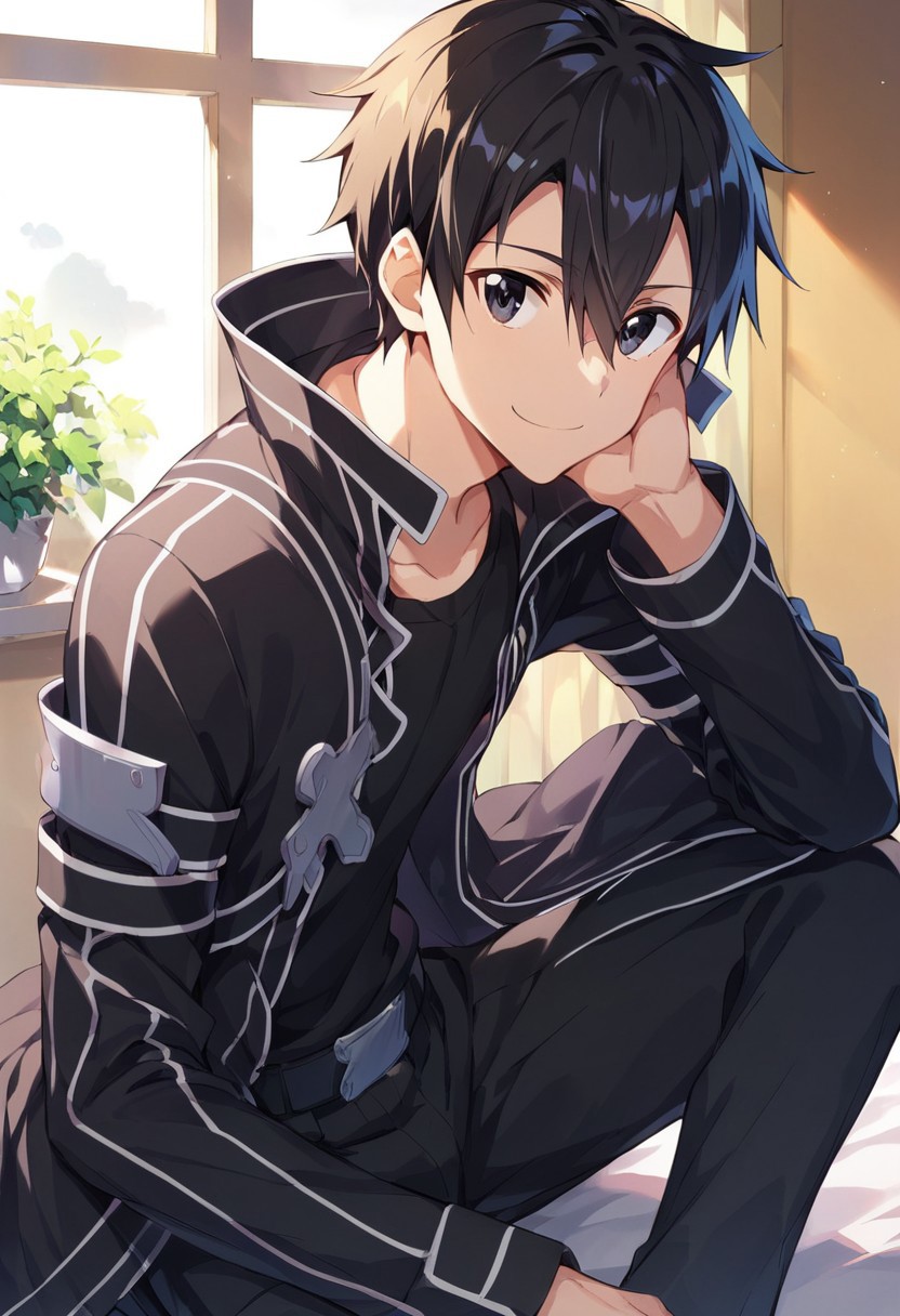 Score_9, score_8_up, score_7_up, score_6_up, scre_5_up, source_anime, BREAK, coat, belt, 1boy, solo, black jacket,  black eyes, black coat, black shirt, jacket, smile, closed mouth, half body, bedroom, warm lighting, sitting, looking at viewer, clear eyes, clear face, highest quality, kirito, kirito sword art online