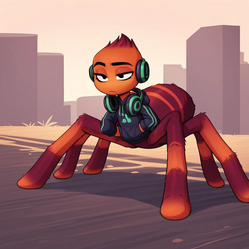 score_9, mstaran, spider girl, black eyes, hoodie, headphones around neck, outdoors,