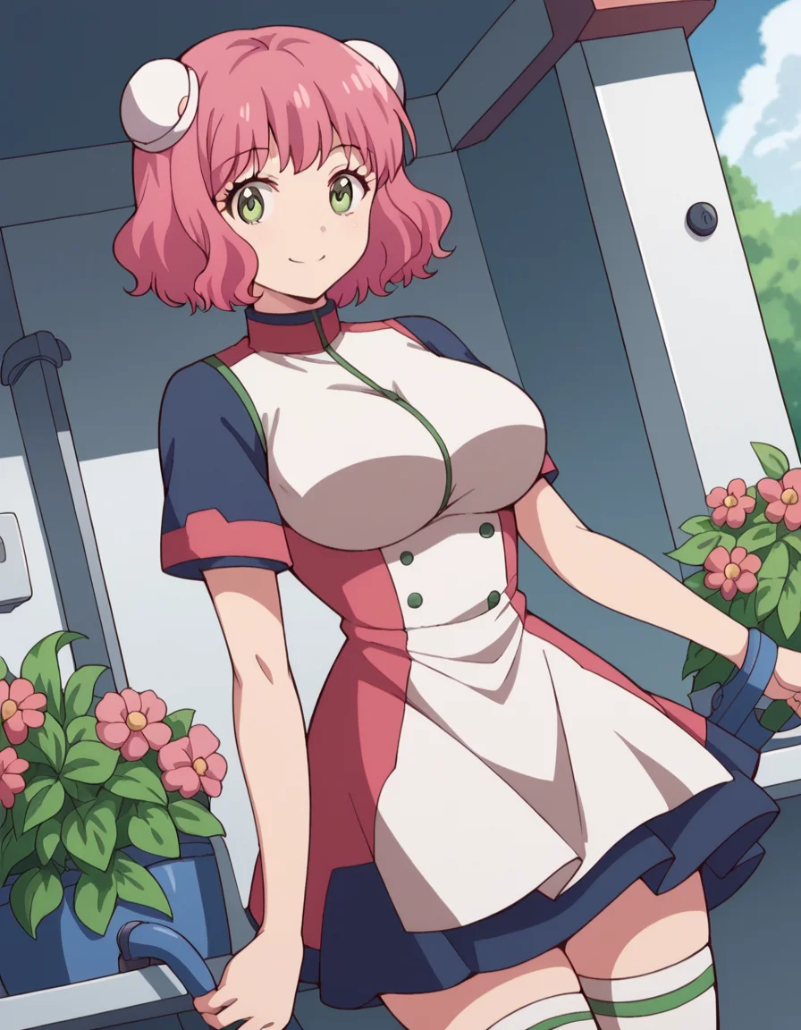 score_9, score_8_up, score_7_up, source_anime, <lora:aries-spring-s1-ponyxl-lora-nochekaiser:1>, aries spring, short hair, green eyes, pink hair, hair bun, double bun, large breasts,, thighhighs, dress, short sleeves, white thighhighs, zettai ryouiki,, gardening, watering plants, backyard, flowers blooming, sunny day,, smile, looking at viewer, solo,, cowboy shot, dutch angle