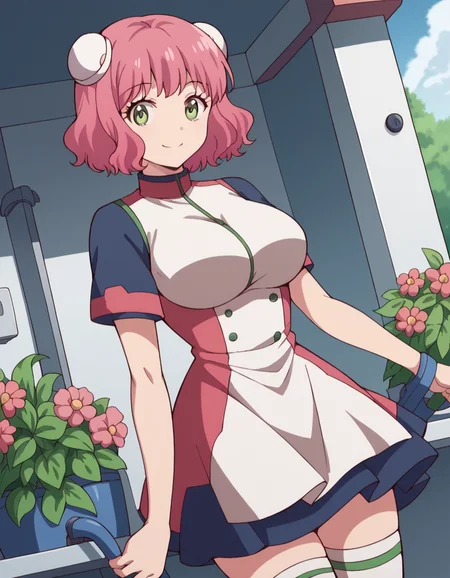 score_9, score_8_up, score_7_up, source_anime, <lora:aries-spring-s1-ponyxl-lora-nochekaiser:1>, aries spring, short hair, green eyes, pink hair, hair bun, double bun, large breasts,, thighhighs, dress, short sleeves, white thighhighs, zettai ryouiki,, gardening, watering plants, backyard, flowers blooming, sunny day,, smile, looking at viewer, solo,, cowboy shot, dutch angle