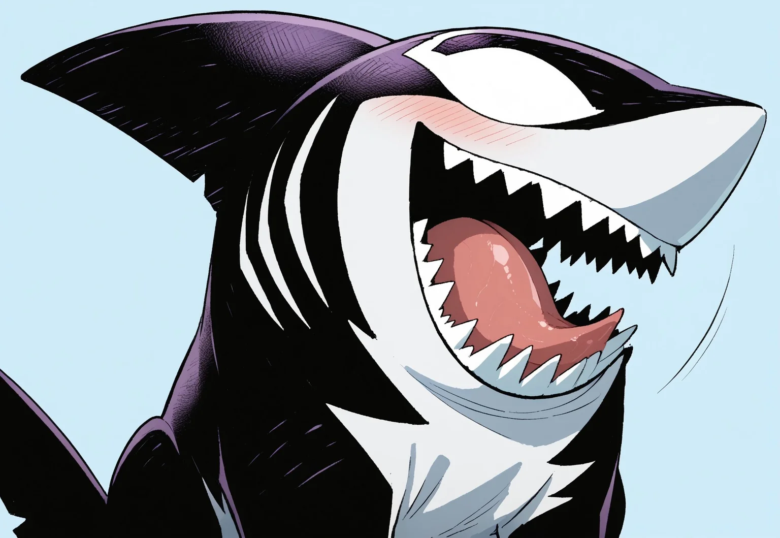 safe_pos, score_9, score_8_up, score_7_up, Expressiveh, masterpiece, best quality, highly detailed, realistic, 1boy, solo, SymJLS, furry, feral, marine, shark, fin, dark-purple body, white sclera, no pupils, white body, two tone body, all fours, sitting, upper body, close-up, (blue background, simple background), smile, blushing, looking at viewer, wide eyes, open mouth, tongue