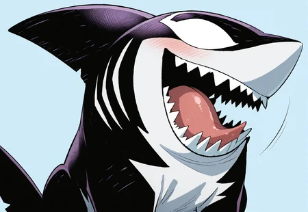 safe_pos, score_9, score_8_up, score_7_up, Expressiveh, masterpiece, best quality, highly detailed, realistic,  1boy, solo, SymJLS, furry, feral, marine, shark, fin, dark-purple body, white sclera, no pupils, white body, two tone body, all fours,  sitting, upper body, close-up, (blue background, simple background), smile, blushing, looking at viewer, wide eyes, open mouth, tongue