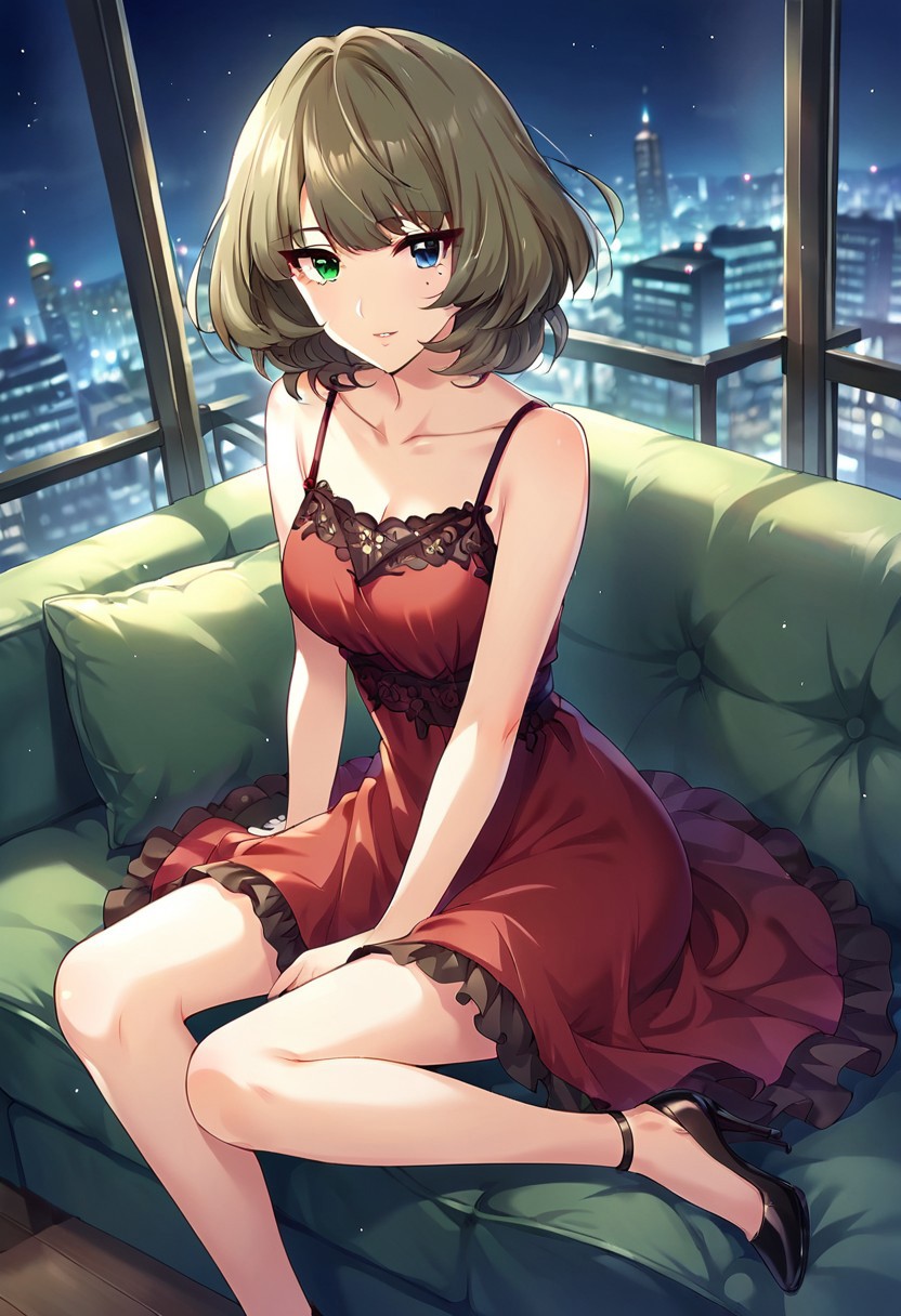 score_9, score_8_up, score_7_up, source_anime,takagaki kaede, short hair, brown hair, mole under eye, green eyes, blue eyes, heterochromia, 1girl, solo, high heels, mole, night, looking at viewer, dress, sitting, couch, collarbone, city lights, red dress