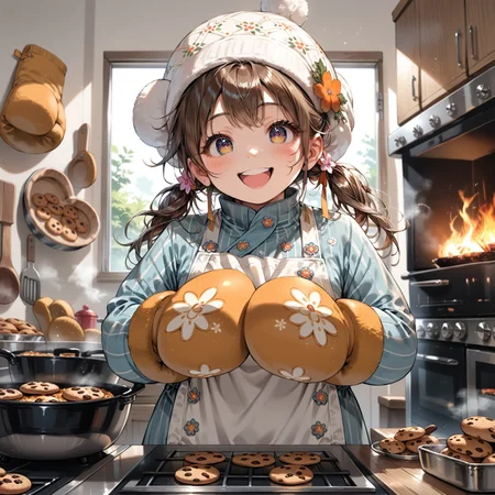 score_9, score_8_up, score_7_up, source_anime, 1girl,(ultra HD quality details), anime, in the kitchen, pulling a baking tray with steaming cookies out of the oven, baking tray with cookies, (wearing giant oven mittens:1.7), cooking hat, sparking eyes, happy, covered arms, (detailed image, high resolution, 5k resolution:1.0)