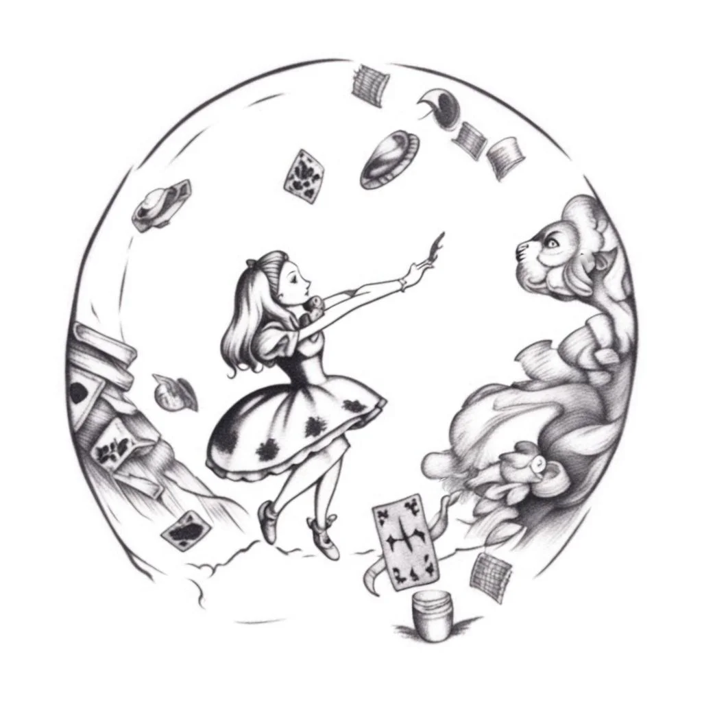 A tattoo of Alice in wonderland falling down the rabbit hole <lora:SDXL-tattoo-Lora:1>