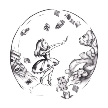 A tattoo of Alice in wonderland falling down the rabbit hole <lora:SDXL-tattoo-Lora:1>