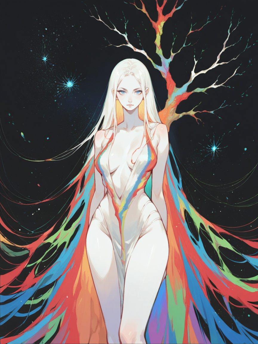 score_9, score_8_up, score_7_up, score_6_up, score_5_up,    <lora:watXLP:0.5> wat, 1girl, solo, black background, blue eyes, very long hair, white skin, looking at viewer, tree, abstract, colorful, curvy, starry sky,