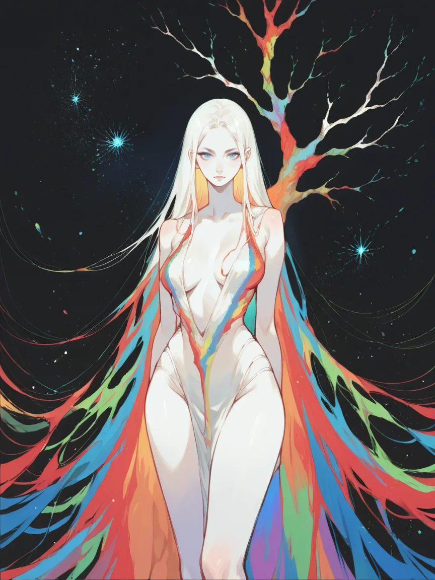 score_9, score_8_up, score_7_up, score_6_up, score_5_up, <lora:watXLP:0.5> wat, 1girl, solo, black background, blue eyes, very long hair, white skin, looking at viewer, tree, abstract, colorful, curvy, starry sky,