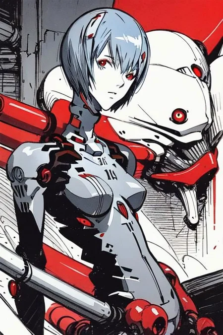<lora:blame5:1>, cyborg rei ayanami, (ayanami rei:1.2), blue hair, short hair, (red eyes:1.3), portrait, dim light, ((heavy black and white)), only head portrait, blame, full of tubes, biomechanical, giger, horror, mechanical, tubes and metal, rei ayanami, (ayanami rei:1.2), blue hair, short hair, (red eyes:1.3),, bodysuit, headgear, plugsuit, black bodysuit, , hand drawn, pencil drawn, watercolor, painting, handmade