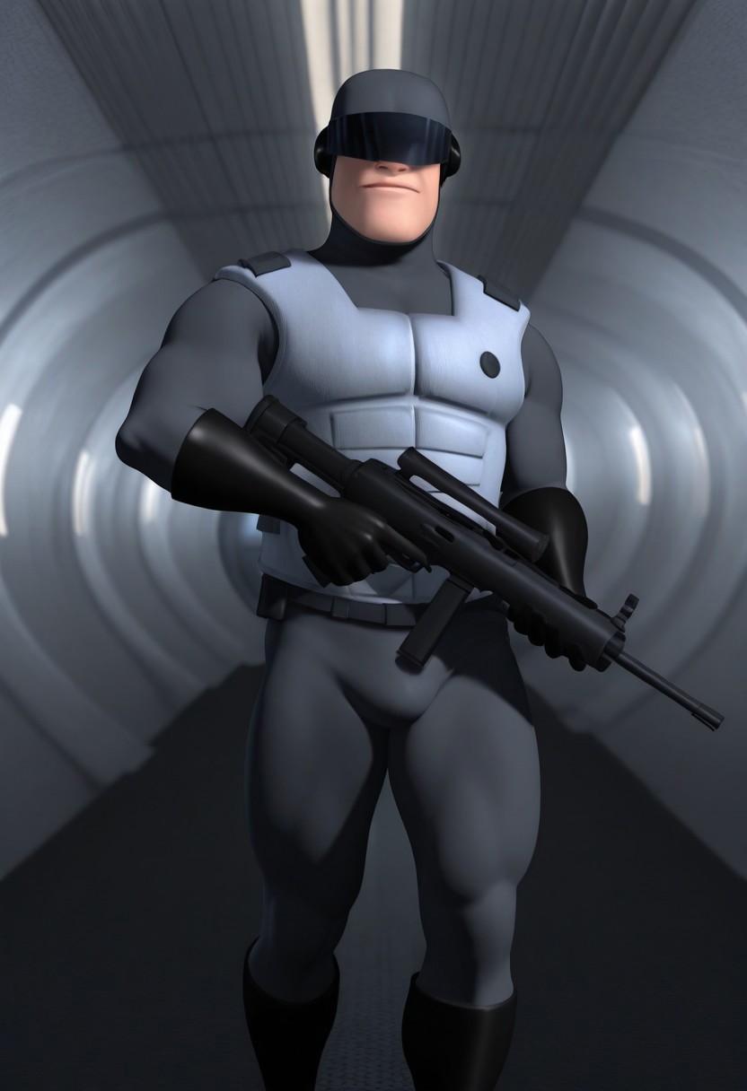 score_9, score_8_up, score_7_up, score_6_up, perfect anatomy, perfect proportions, best quality, masterpiece, high_resolution, high quality, best aesthetic, incredibly absurdres, concept art, digital art, realistic, highres, extremely detailed, huge filesize, mature, masculine, handsome, charming, seductive, solo male, male focus, 1boy, solo male, syndrome_guard_uniform_v1, futuristic security guard, matte black visored helmet, grey chin strap, tight-fitting grey bodysuit, light grey vest, long sleeves, reinforced shoulder padding, black circle-shaped chest insignia, dark grey elbow-length gloves, minimalistic sci-fi design, animation-style rendering, portrait, view from waist up, holding high-tech blaster rifle, dynamic pose, sterile sci-fi hallway background