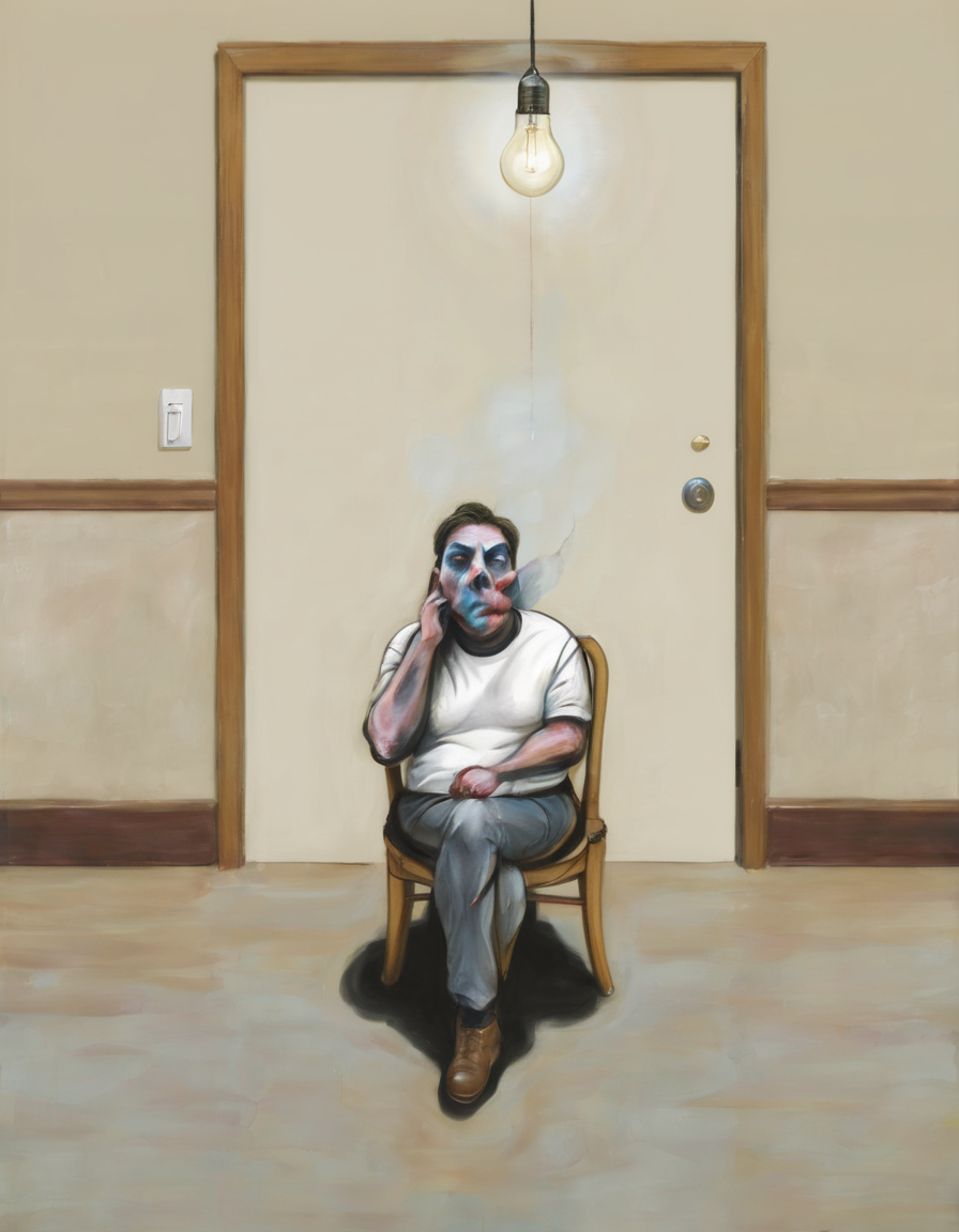 <lora:fbac:0.6>fbac, man with distorted face sitting in a chair in front of an elevator door and a light bulb hanging down from a wire