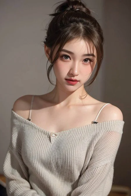 best quality, ultra high res, (photorealistic:1.4), 1girl, off-shoulder sweater, (faded ash gray messy bun hair:1), border light, depth of field, (small breasts:1.2), looking at viewer, standing