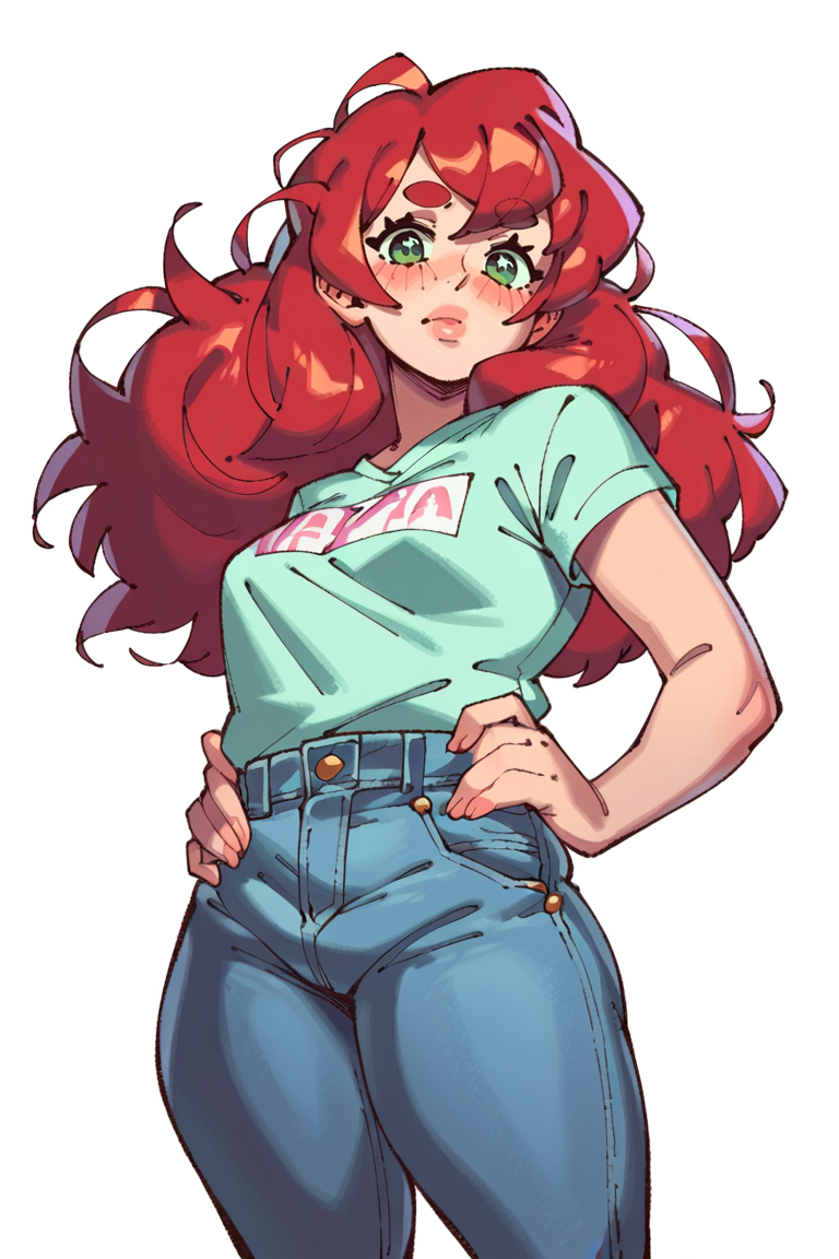 <lora:Rizdraws:1>, score_9, score_8_up, score_7_up, score_6_up, score_5_up, rating_questionable, source cartoon
1girl, pretty face, pretty eyes, detailed eyes, HD eyes, thick thighs
hands on hips, standing, cowboy shot
looking at viewer, blush, eyebrows, long hair, red hair, green eyes jeans, green t-shirt, boots, high waisted jeans
simple background, white background