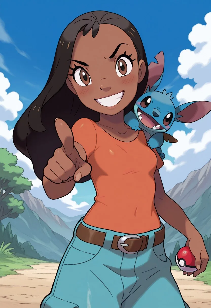 masterpiece, best quality, amazing quality, very aesthetic, absurdres, newest, detailed background, cowboy shot, 4k, 8k, outdoors, sugimori, jaggy lines,
nanixd, 1girl, solo, smile, v-shapped eyebrows, dark skin, black hair, dark-skinned female, shirt, long hair, grin, teeth, brown eyes, long eyelashes, blush, looking at viewer, demin, pants, baggy pants, belt, loose pants, Stitch on shoulder, holding, PokeBall, pointing at viewer, dynamic angle