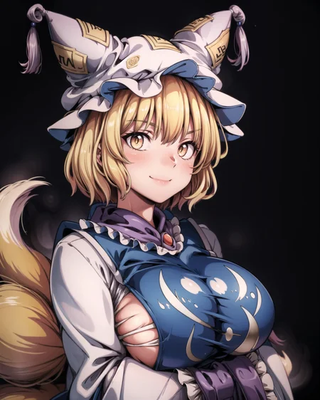 <lora:ran:1>,1girl, (animal_ears, fox_ears:1.1), arms_under_breasts, bangs, blonde_hair, breasts, brown_background, dress, fox_tail, (fox_girl, kitsune:1.1), frills, grey_background, hands_in_opposite_sleeves, hat, long_sleeves, looking_at_viewer, mob_cap, multiple_tails, pillow_hat, short_hair, simple_background, smile, solo, tabard, tail, tassel, upper_body, white_dress, white_headwear, wide_sleeves, yakumo_ran, yellow_eyes, shiny, (kbxll:0.6), masterpiece, best quality, <lora:add_detail:1>, Art_starraisins, <lora:Art_starraisins:0.6>