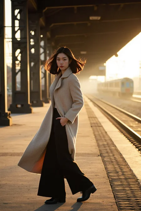 sony_a7III professional style photo, young woman, early 20s, East Asian descent, fair complexion, dark shoulder-length hair moving slightly with motion, wearing a long beige wool coat and black wide-leg trousers, standing on a vintage train platform, large metal columns and arched windows in the background, soft sunlight streaming through the glass ceiling, tracks and distant train visible, golden hour lighting casting warm tones and long shadows, dramatic and nostalgic atmosphere, captured with natural light in a historic setting