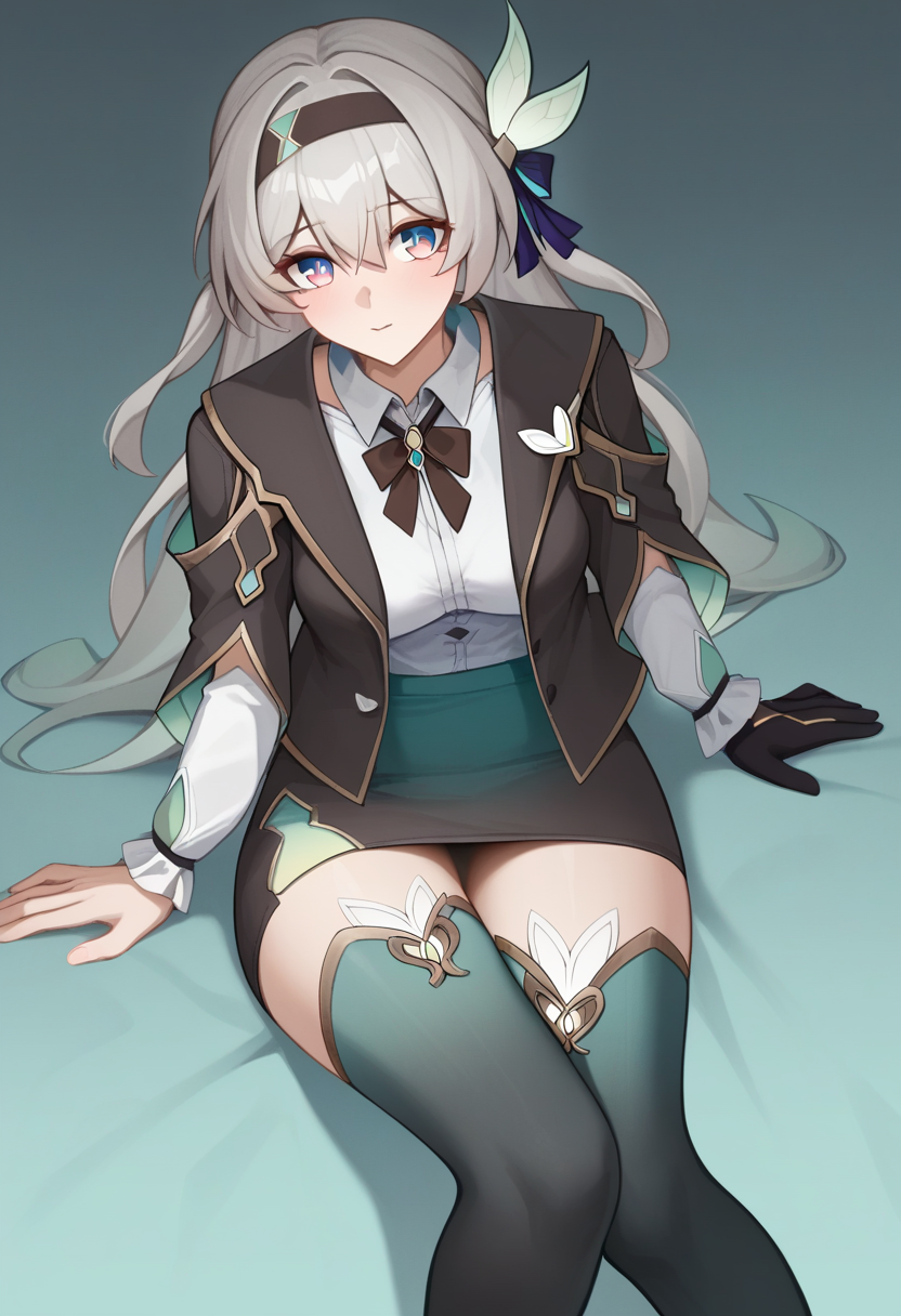 score_9,score_8_up,score_7_up,<lora:firefly_V3_pony:1>,black_hairband, black_gloves, looking_at_viewer, highres, firefly_\(honkai:_star_rail\), official_alternate_costume, black_thighhighs, medium_breasts, 1girl, simple_background, black_neckerchief, black_jacket, collared_shirt, black_skirt, pencil_skirt