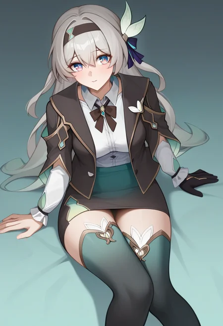 score_9,score_8_up,score_7_up,<lora:firefly_V3_pony:1>,black_hairband, black_gloves, looking_at_viewer, highres, firefly_\(honkai:_star_rail\), official_alternate_costume, black_thighhighs, medium_breasts, 1girl, simple_background, black_neckerchief, black_jacket, collared_shirt, black_skirt, pencil_skirt