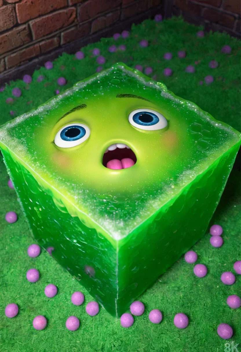 the enormous gigantic cute gelatine ooze cube with the surprised eyes in the tunnels, dim light, pixar art, detailed, intricate details, 8k, best quality, hdr, masterpiece