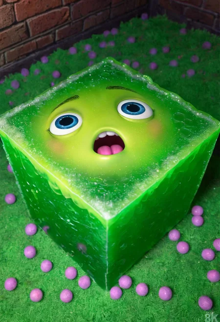 the enormous gigantic cute gelatine ooze cube with the surprised eyes in the tunnels, dim light, pixar art, detailed, intricate details, 8k, best quality, hdr, masterpiece