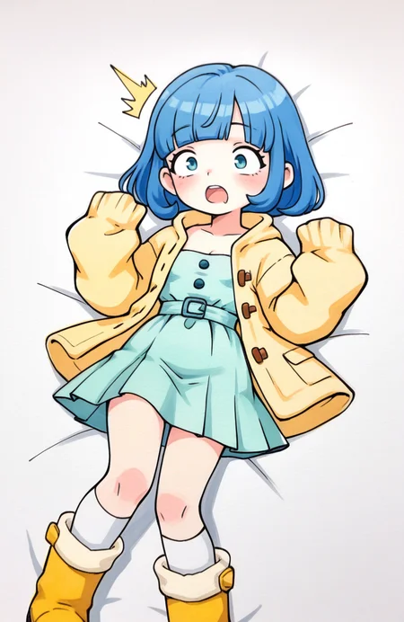1girl, solo, <lora:qtkat:0.9> qtkat, traditional media, watercolor \(medium\),
<lora:Seraphi-DQX:0.8> seraphi \(dqx\), bob cut, blue hair, blunt bangs, grey open coat, duffel coat, brown open cardigan, open-chest cardigan, long puffy sleeves, aqua dress, pleated dress, medium dress, sleeves past fingers, long sleeves, white over-kneehighs, yellow fur-trimmed boots, lying, face up, eyes popping, mouth open, surprised, extremely detailed, highres, masterpiece, best quality
