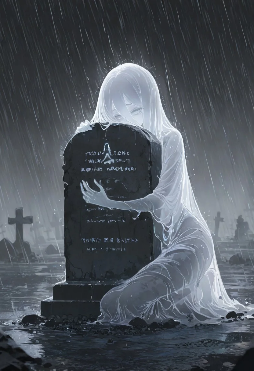 1 girl , ghost girl , grave stone , hugging , kneeling , tear , raining ,
masterpiece, best quality, good quality, very awa, newest, highres, absurdres,
