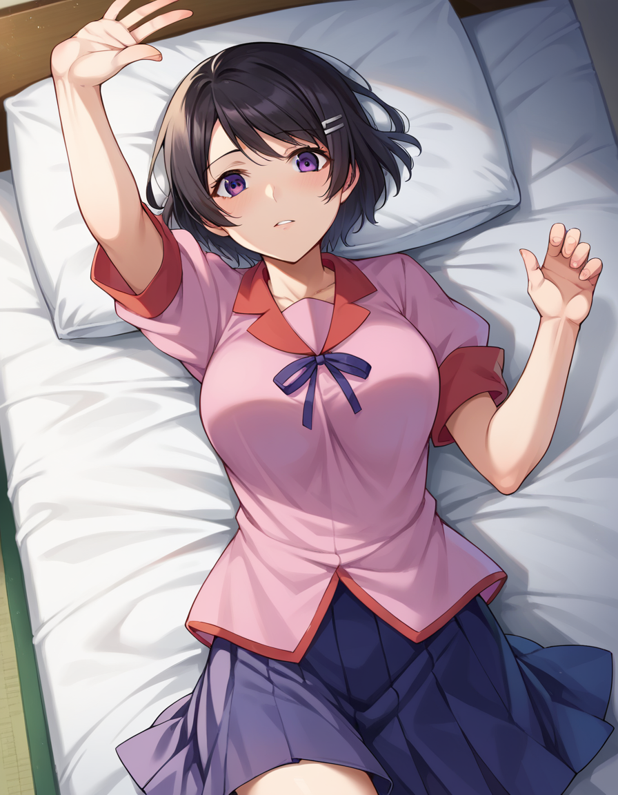 score_9, score_8_up, score_7_up, source_anime,
tsubasahanekawa, <lora:tsubasa-hanekawa-ponyxl-lora-nochekaiser:1>,
hanekawa tsubasa, short hair, black hair, hair ornament, purple eyes, hairclip, mature female,
skirt, school uniform, naoetsu high school uniform,
indoors, bed, bed room, on back, arm support, arms up, incoming hug, pov, reaching, reaching towards viewer,
looking at viewer, cowboy shot, dutch angle,
