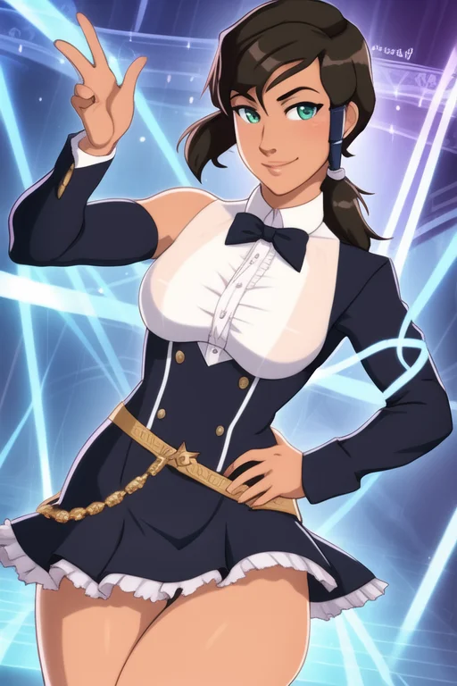 Korra, the Avatar and master of all four elements, depicted in a sophisticated and elegant pose wearing formal attire. The formal attire should be stylish and fashionable, with a design that complements Korra's figure. The image should show Korra in a confident and commanding pose, with her body posture and facial expression conveying her power and ambition. The lighting should be natural and atmospheric, and the overall aesthetic should be sophisticated and elegant. The image should be rendered in a realistic style, using vibrant and lifelike colors and highly detailed textures. The composition should be dynamic and engaging, with the environment serving as the backdrop for Korra's formal attire.
