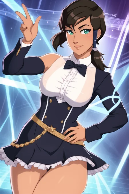 Korra, the Avatar and master of all four elements, depicted in a sophisticated and elegant pose wearing formal attire. The formal attire should be stylish and fashionable, with a design that complements Korra's figure. The image should show Korra in a confident and commanding pose, with her body posture and facial expression conveying her power and ambition. The lighting should be natural and atmospheric, and the overall aesthetic should be sophisticated and elegant. The image should be rendered in a realistic style, using vibrant and lifelike colors and highly detailed textures. The composition should be dynamic and engaging, with the environment serving as the backdrop for Korra's formal attire.