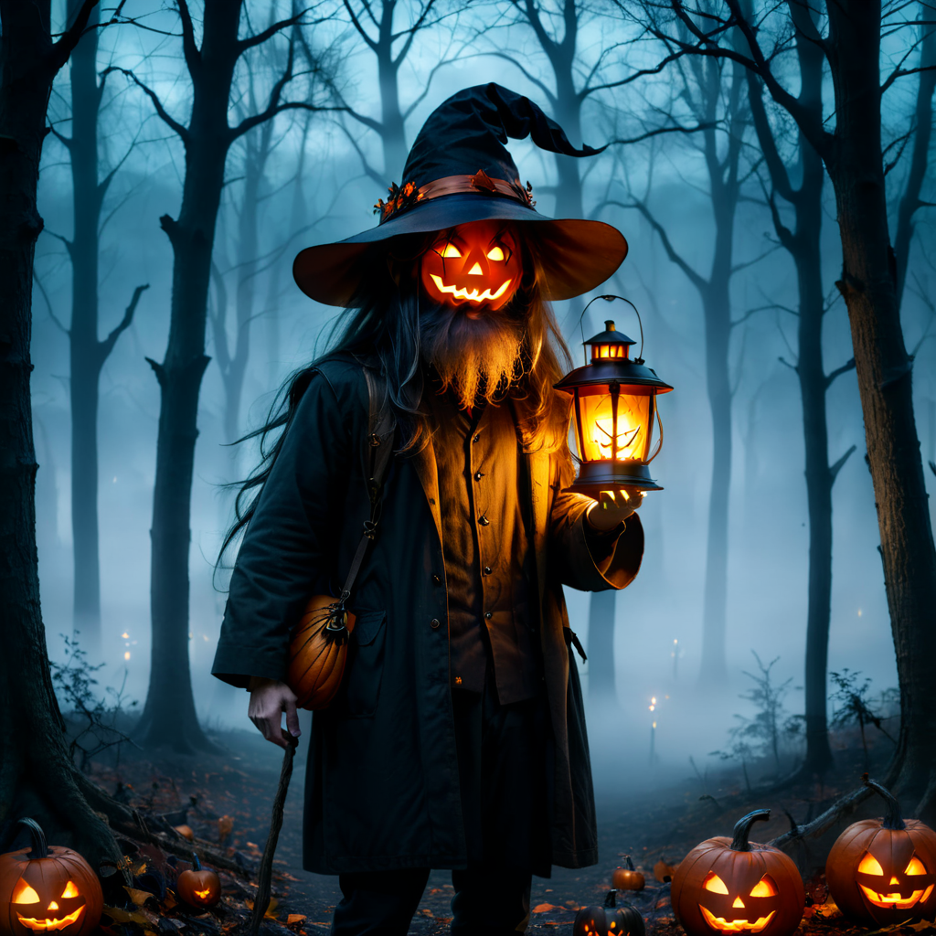 Masterpiece,absurd resolution,high quality,8k,
itshalloween,long hair, hat, holding, standing, outdoors, tree, night, glowing, nature, scenery, forest, halloween, lantern, jack-o'-lantern, dark, bare tree, fog, holding lantern
 <lora:itshalloween_xl:0.8>