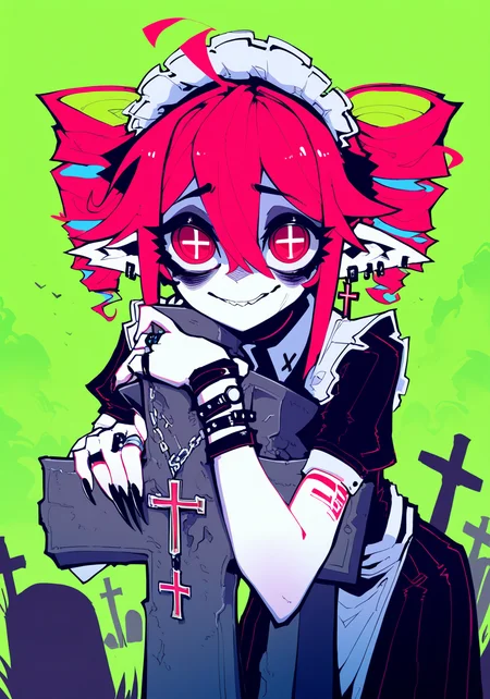 1girl, solo, kasane teto, maid, upper body, multiple ear piercing,multiple earrings, deformed, big eyes, detailed eyes, depressed, bags under eyes, twin drills, leaning forward, elbow rest, looking at viewer, hair between eyes, long bangs, csad smile, stifled laugh, cross, multiple rings, colored inner hair, long nails, maid headdress, red eyes, symbol-shaped pupils, pointy ears, chains, jewelry, cross earrings, skinny, hugging object, white skin,
masterpiece,best quality,absurdres, very awa, perfect composition, highly detailed, artist:imazawa, artist:Syvaron, <lora:vivid:0.8>, <lora:spo_sdxl_10ep_4k-data_lora_webui:1>, graveyard, simple background, tombstone, abstract background, green_theme, hromatic aberration,