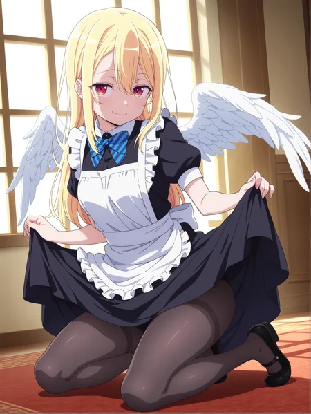 best quality,amazing quality,<lora:Lily Amane:1>,lily amane,full body,seductive smile,maid,angel wings,skirt lift,