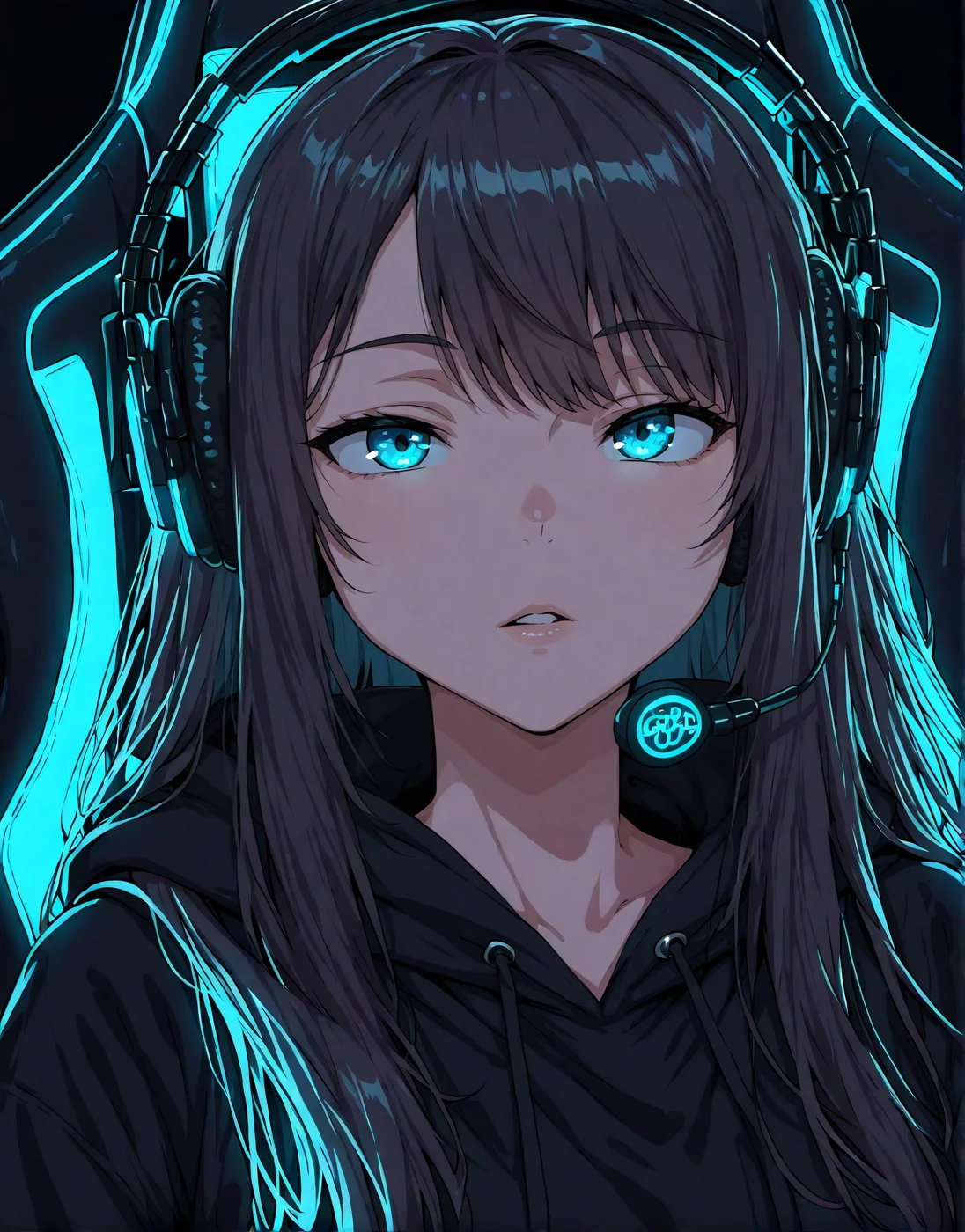 1girl, solo, close-up portrait, upper body, sitting in gaming chair, headphones with mic, long flowing hair, black hoodie, RGB lighting in background, modern gaming room, high-end PC setup, soft shadows, high detail, best quality,gamerface_focus, face emotion full focus,parted lips , <lora:ya_gamers_emotions:1>