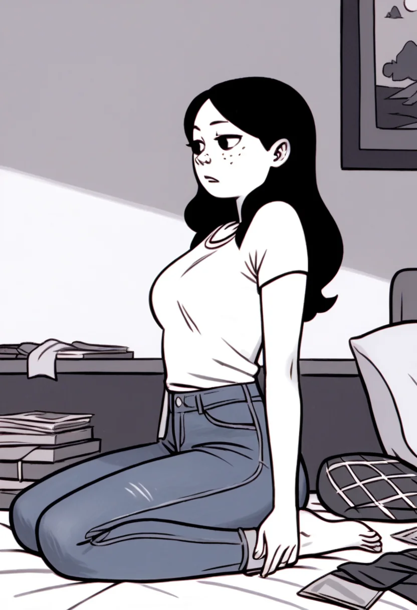 score_9, score_8_up, score_7_up, score_6_up, score_5_up, 1girl, solo, full body,
(source_cartoon),
<lora:Anya Borzakovskaya (Anya's Ghost):1>
Anya_B, pale skin, white skin, freckles, blush stickers, black hair, long hair, dark eyes,
jeans, denim,
(monochrome),
detailed background, indoors,
<lora:Expressive_H:0.7> Expressiveh,
<lora:add-detail-xl:0.9>