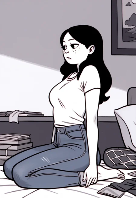 score_9, score_8_up, score_7_up, score_6_up, score_5_up, 1girl, solo, full body,
(source_cartoon),
<lora:Anya Borzakovskaya (Anya's Ghost):1>
Anya_B, pale skin, white skin, freckles, blush stickers, black hair, long hair, dark eyes,
jeans, denim,
(monochrome),
detailed background, indoors,
<lora:Expressive_H:0.7> Expressiveh,
<lora:add-detail-xl:0.9>