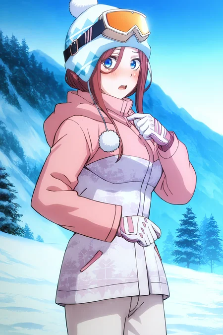 sharp focus, pixiv masterpiece, intricate details, source_anime, score_8_up, score_7_up, score_9, 1girl, M1kuNakan0_PXL, pom-pom_winter_hat, ski_goggles, winter_jacket, winter_pants, winter_gloves, blushing, slightly open mouth, ,<lora:Miku_Nakano_PonyXL_15:1>, cowboy shot, (surprised:0.8), pointing at chest,