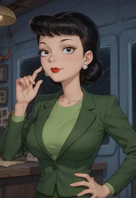 ((room background)),score_9, score_8_up, score_7_up,score_6_up,
1girl, solo, Hillary_HA, light skin, black eyes, black hair, short voluminous hair, red lips, round white earrings, dark green blazer with shoulder pads, dark green pencil skirt, light green shirt underneath, white heels, cute, tall, social smile, perfect eyes, perfect smile, looking at the viewer, detailed eyes, perfect eyes, standing, big breasts (front pose, bust shot) five fingers, perfect hands, (hand on hips, hand up)