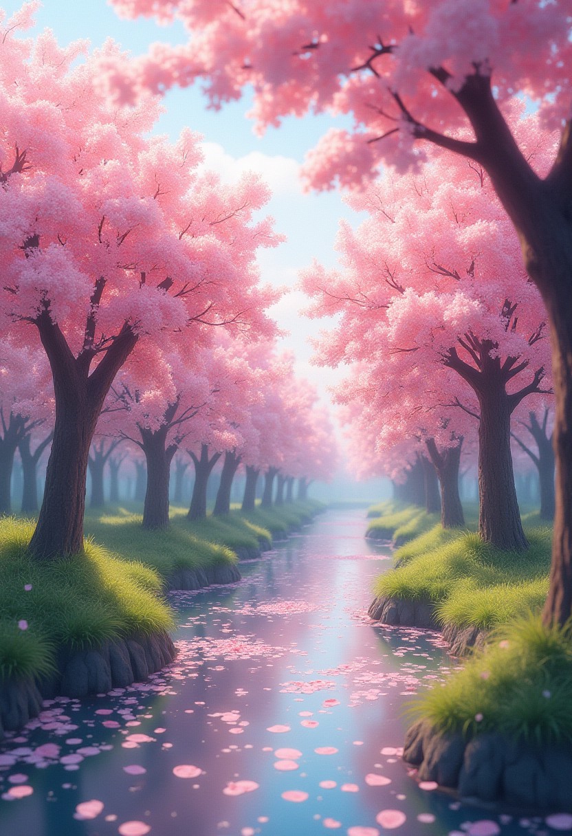 A serene cherry blossom park in full bloom with petals gently falling into a meandering stream.
